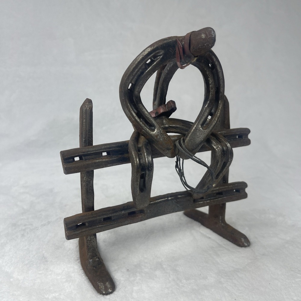 VTG Diamond Horseshoe Western Cowboy on Fence Rustic Iron‎ Handmade Art Signed